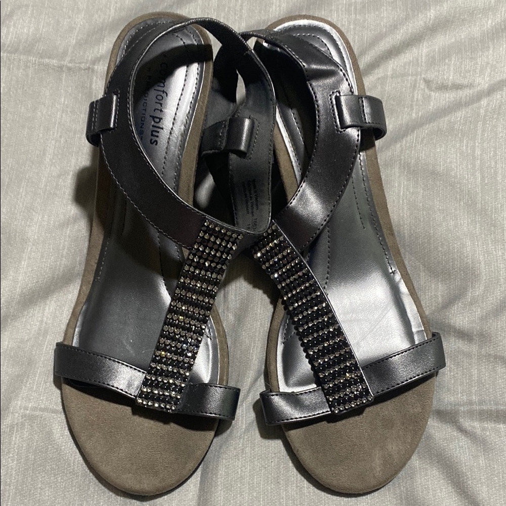 Comfort Plus by Predictions Gunmetal Silver Strappy Wedge Sandals